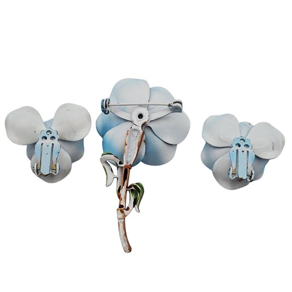 Blue Flower Power Brooch & Clip Earrings Enamel Pin Hippie Boho Vintage 1960s - Picture 6 of 6